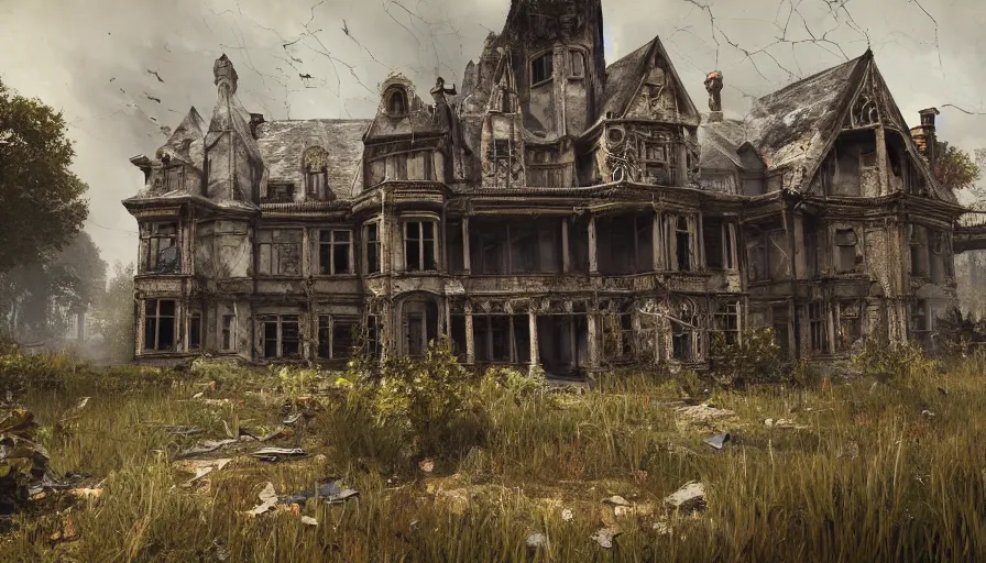 Prompt: abandoned victorian manor, lot of cobwebs, dusty ground, creepy painting, fps view, video game, riflegun, hyperdetailed, artstation, cgsociety, 8 k