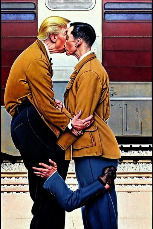 Image similar to gay male couple at a train station, norman rockwell painting of donald trump kissing donald trump