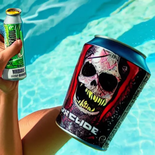 Prompt: undead lich holding a soda can by a pool, summertime, advertisement for energy drink, chlorine, energy drink commercial, detailed, hyperrealistic