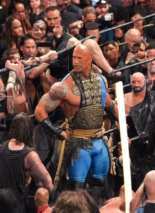 Image similar to dwayne johnson entering entrances ramp of smackdown as samurai!