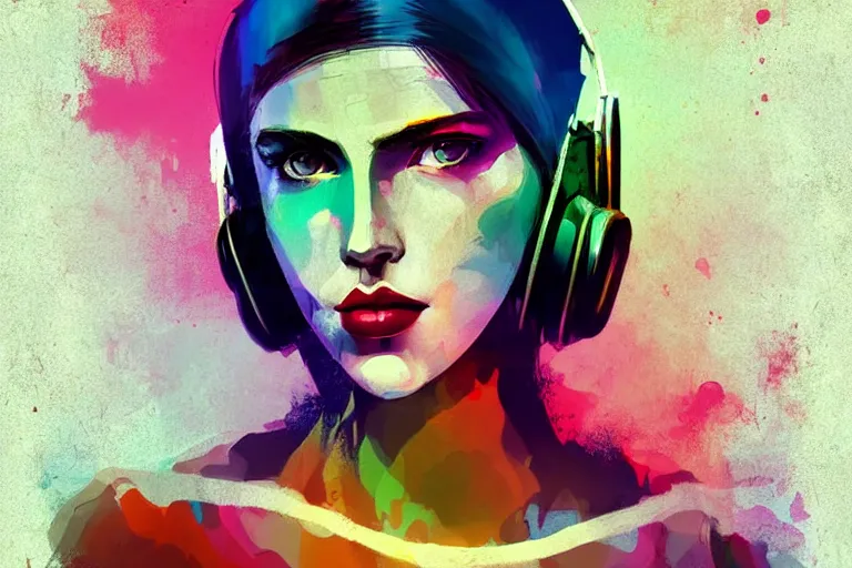 Prompt: vintage minimal figurative beautiful colorful, Cedric Peyravernay figurative art, cyber punk minimal female dj figure art, soft colors mono chromatic, colors on white background, abstract