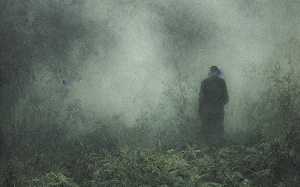 Image similar to the sleeping old man submerged in shadow and mist overgrown garden (melancholy), exquisite painting, moody sharp colors