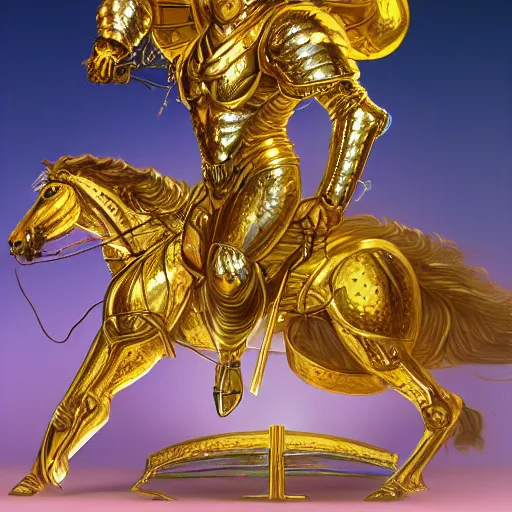 Prompt: full frame golden reflective shining intricate armor on a stand in the middle of a studio well lit spotlights anamorphic behance artstation artwork by boris vallejo