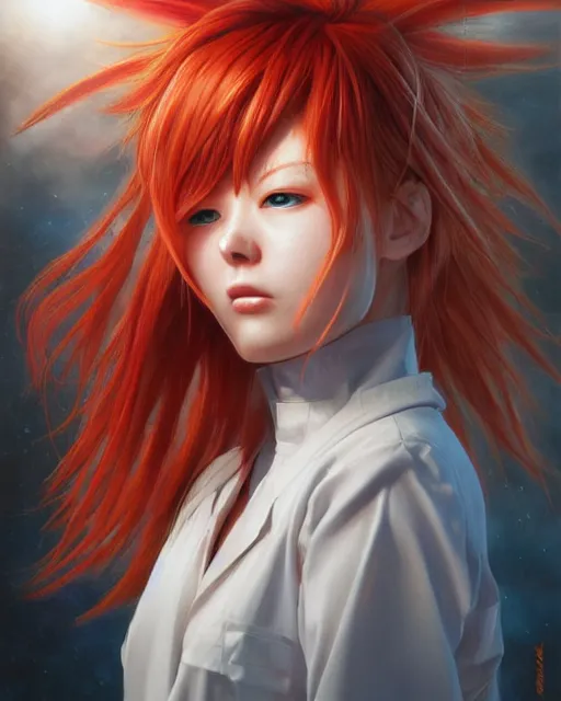 Image similar to asuka langley soryu wearing plugsuit, award winning photograph, radiant flares, realism, lens flare, intricate, various refining methods, micro macro autofocus, evil realm magic painting vibes, hyperrealistic painting by michael komarck - daniel dos santos