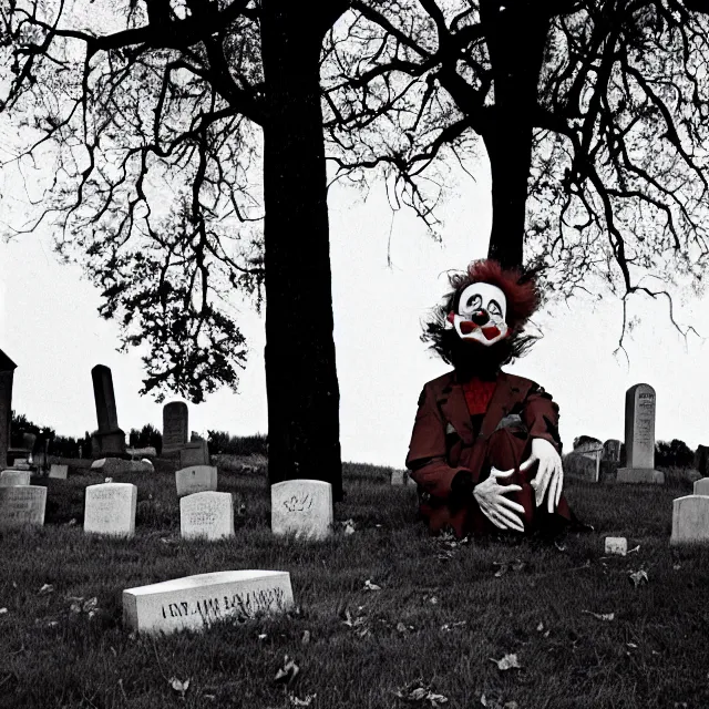 Image similar to creepy clown in a cemetary, photo by william eggelston