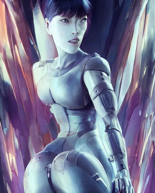 Image similar to weta disney pixar movie still portrait photo of motoko kusanagi ghost in the shell : : as cyborg woman by pixar : : by weta, wlop, ilya kuvshinov, rossdraws, artgerm, marvel, maxim cover, latex, octane render, sweaty, iridescent, bright morning, anime, liosh, mucha : :