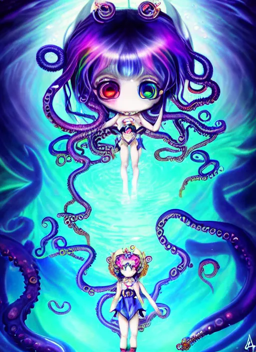 Image similar to A full shot of a chibi girl from the Abyss covered in opals and oil. Symmetrical. Underwater. Dark foreboding Atmosphere. Sailor Moon. Tentacles. Kawaii. Rainbows. Demon Horns, Angel Wings, By Lisa Frank and HR Giger and Ross Tran and ArtGerm and WLOP. Key Art. Fantasy Illustration. award winning, Artstation, intricate details, realistic, Hyperdetailed, 8k resolution. Photoreal. Octane Render.