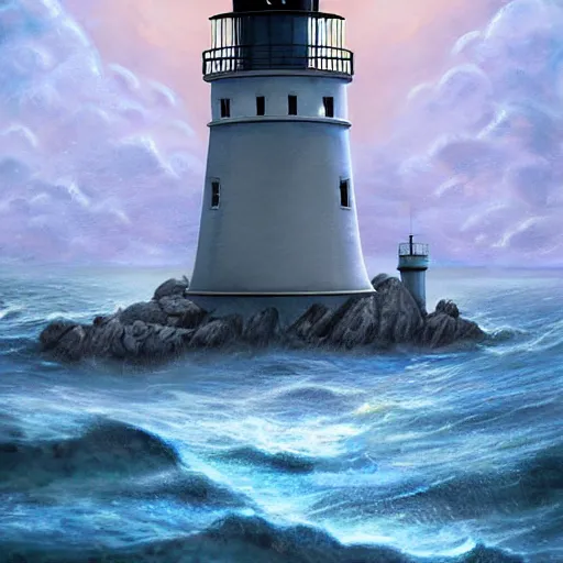 Prompt: arrenerazan lighthouse. a lighthouse to serve as a beacon for ships in the open sea. high details, realistic, digital art, fantasy, artistic light