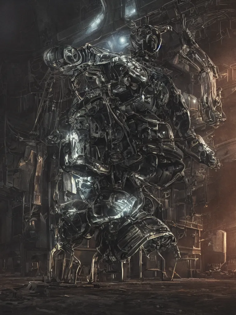 Image similar to portrait of angular metal robot with glowing eyes and a flowing overcoat in an ruined industrial car park, confident pose, coherent, insane detail, concept art, character concept, cinematic lighting, global illumination radiating a glowing aura