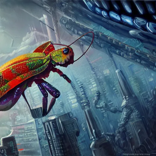 Image similar to ultra realist and ultra intricate detailed soft painting of a sci fi mantis shrimp, from the waist up, sci-fi helmet, symmetry features, sensual gloomy style, volumetric clouds, cyberpunk burning building background, artstation, unreal render, depth of field