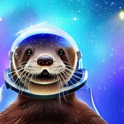 Image similar to a realistic portrait of an otter wearing a space helmet and visor set against a space and nebula background, trending on artstation, ultra detail, photorealistic, fine detail, cgi, zbrush, global illumination, studio lighting