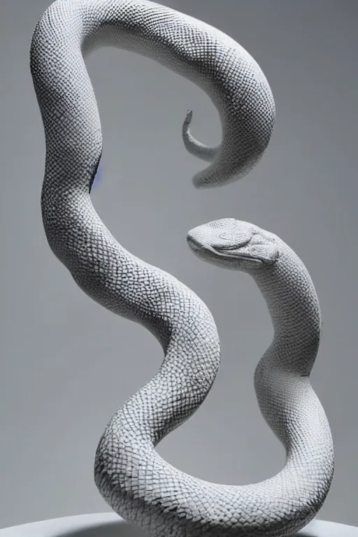 Image similar to porcelain snake sculpture by daniel arsham, smooth, all white features on a white background, delicate feature's