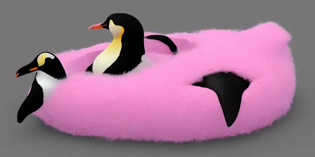 Image similar to realistic penguin sitting in a pink fluffy bed, hyper detailed, trending on artstation