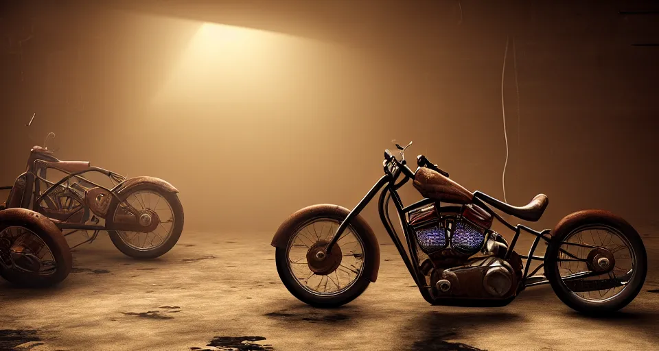 Prompt: a photograph of a rusty 1950's Harley Davidson chopper in a dusty repair shop, soft lighting, crepuscular rays, realistic octane render, 8k, ultra detailed, concept art