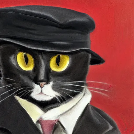 Prompt: a gentleman cat wearing a black jacket and a cap, art station