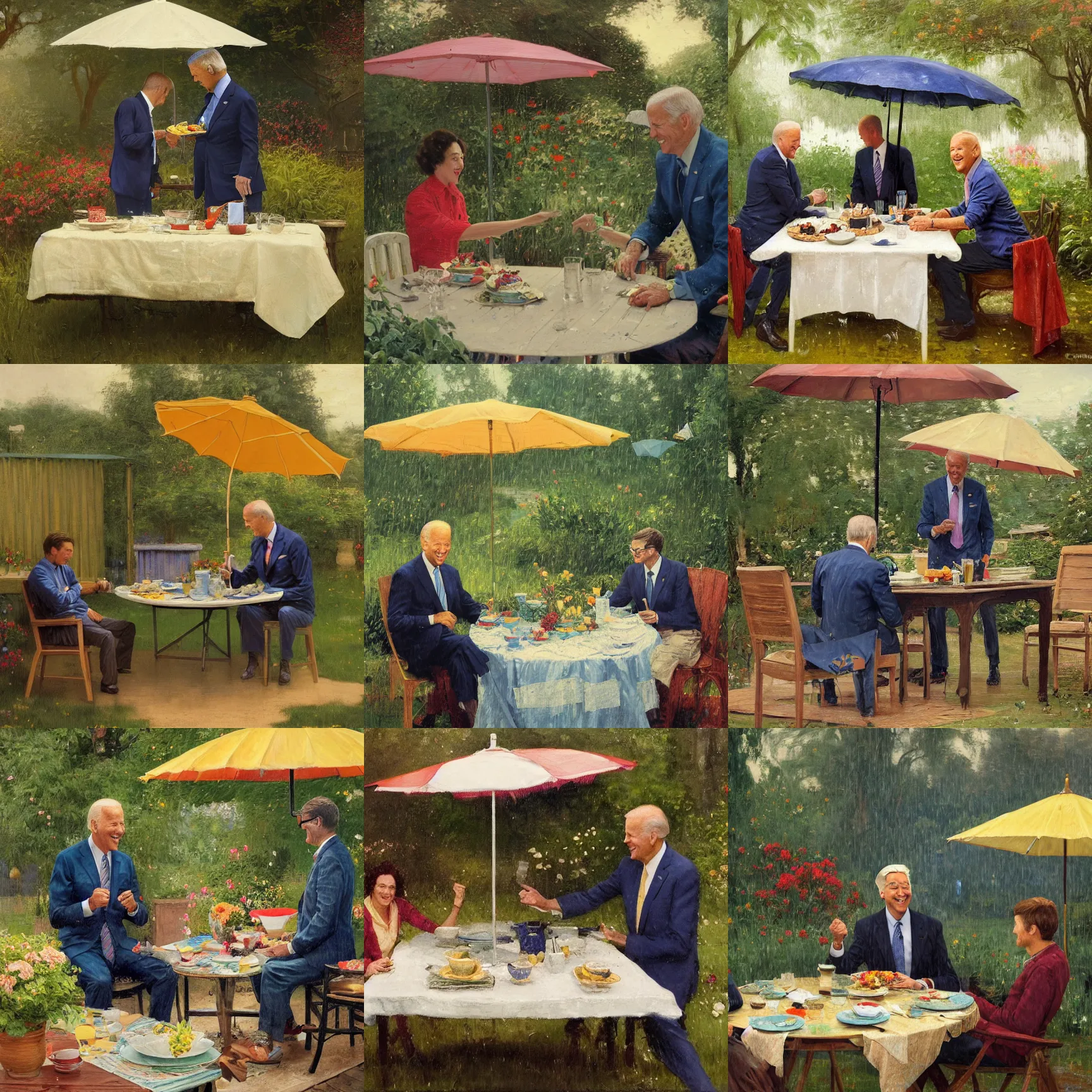 Prompt: joe biden and bill gates putting dishes on a table in the backyard, a tilted parasol sits above the table, a garden with colorful flowers in the background, rainy scene, cozy 1 9 5 0's, medium symmetry, by greg rutkowski, by ilya repin, extreme detail, 8 k, intricate abstract, photorealistic