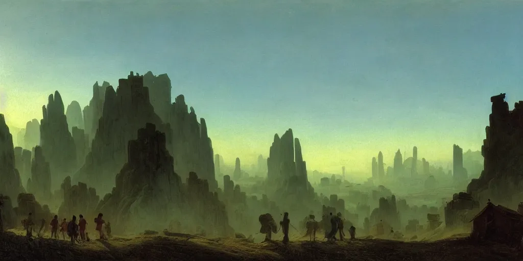 Image similar to village above the clouds, sharp pointy mountains, wooden platforms, tents, colors, misty clouds, sun at dawn, brutalism, painting by caspar david friedrich