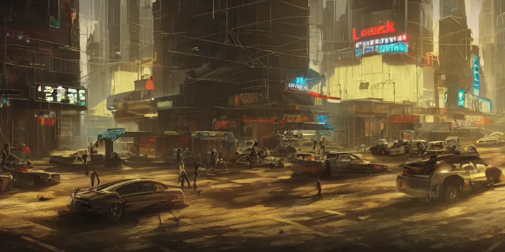 Image similar to a cyberpunk bank heist, background scene from the old city of babylon, concept art, ultra realistic, 8 k, painting, highly detailed, sci - ci, neon, rain, guns, firearms, robbery, a police car burning