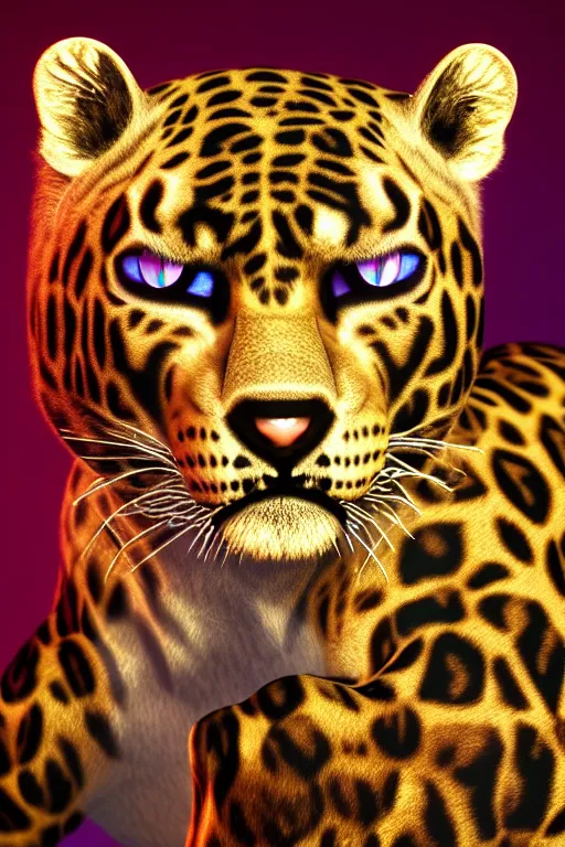 Image similar to 8K UHD Redshift render, Poser, 🐾wave, 🙀facecore, 🐯punk leopard panther, long wavy fur, bright eyes, long fangs, medium full shot, animal photography, anime, cartoon, Korean folk art