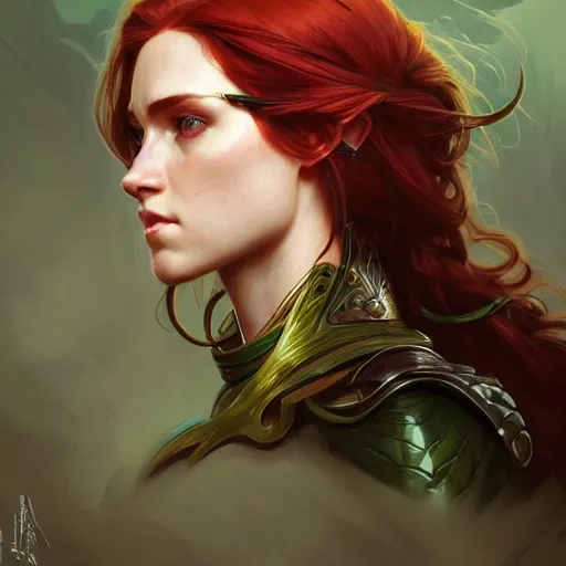 Image similar to Portrait of serious female ranger, D&D, green eyes, face, long red hair, fantasy, intricate, elegant, highly detailed, digital painting, artstation, concept art, smooth, sharp focus, illustration, art by artgerm and greg rutkowski and alphonse mucha