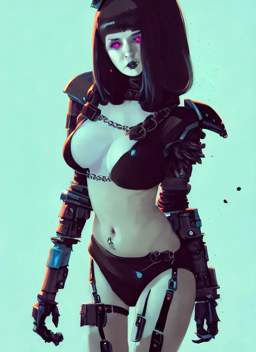 Image similar to portrait of cute goth girl in cyber bikini armor, warhammer, cyberpunk, by atey ghailan, by greg rutkowski, by greg tocchini, by james gilleard, by joe fenton, by kaethe butcher, by gustav klimt, dynamic lighting, gradient light blue, brown, blonde cream and white color in scheme, grunge aesthetic