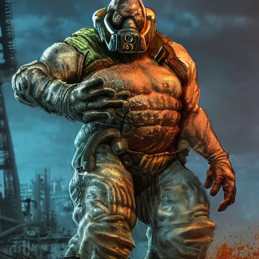 Image similar to super mutant from fallout, hyper realistic, highly detailed, high quality, high resolution