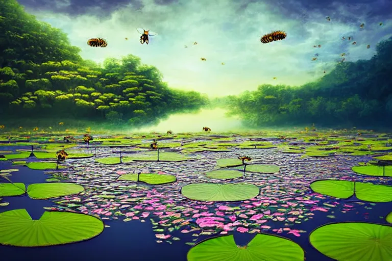 Image similar to simplicity, elegance, foliage overgrowing favela honeybee hive, art nouveau environment, lily pads in the sky, award winning art, epic dreamlike fantasy landscape, ultra realistic,