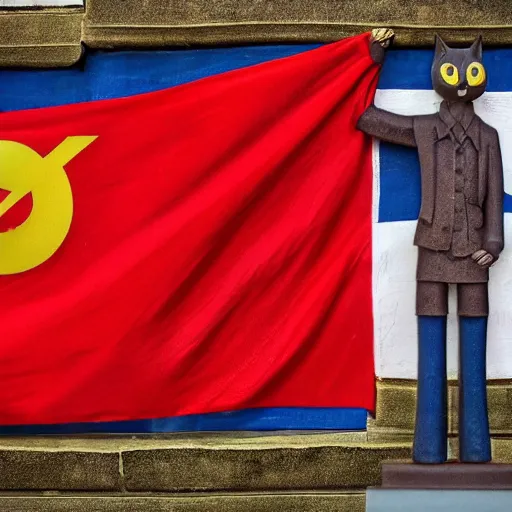 Image similar to a cat clenching his fist in front of the communist flag staring at the horizon