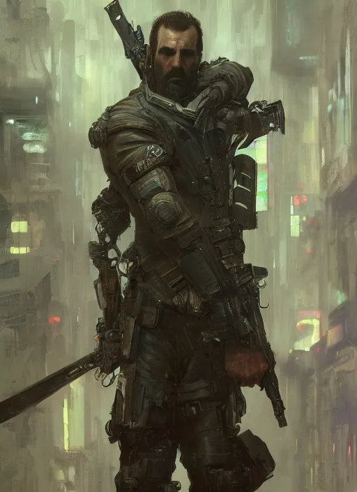 Prompt: the hound. cyberpunk assassin in tactical gear. blade runner 2 0 4 9 concept painting. epic painting by craig mullins and alphonso mucha. artstationhq. painting with vivid color. ( rb 6 s, cyberpunk 2 0 7 7, matrix )