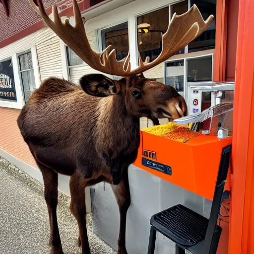 Image similar to a moose with an orange hoodie and antlers selling coffee at a stand in peterborough new hampshire, realistic, 8 k