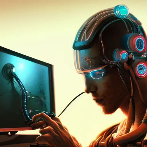 Image similar to close up of guy connected to computer with wires and tubes, cyborg, dystopian, highly detailed, digital painting, artstation, concept art, soft light, sharp focus, illustration