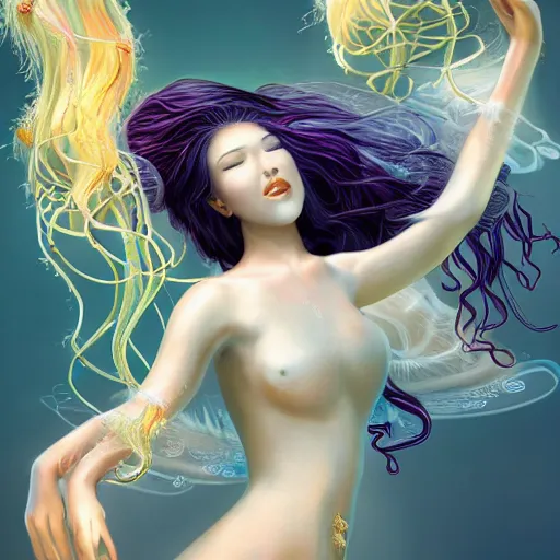 Image similar to Full body photo of the most beautiful goddess, she has a jellyfish head and a siren body, some tentacles are touching her, she flying to heaven through the clouds, she is swimming and leading some chrysaora hysoscella with smoke behid her, by Tooth Wu, trending on Artstation, digital art, symmetrical artwork, cinematic, hyper realism, high detail, octane render, 4k, 8k