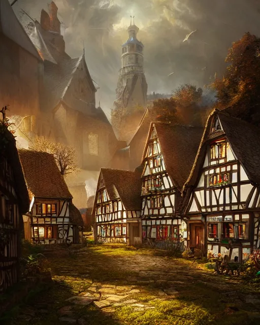 Image similar to callenberg village germany twelth century saxon village 1 1 8 0, by peter mohrbacher and dan mumford and nekro, cgsociety, volumetric light, 3 d render