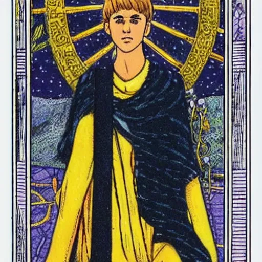 Image similar to Justin Bieber in Thoth tarot deck, style of Lady Frieda Harris, 4K