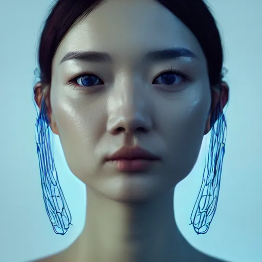 Image similar to intricate highly detailed face portrait of asian - european woman, light blue transparent metal vines on her face, intricate, cgsociety, unreal engine, octane render, sharp focus, smooth, volumetric lighting, cinematic composition, artstation