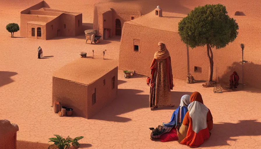 Image similar to very very small moroccan village, sitting on a gigantic desert by ilya kuvshinov, rtx rendering, octane render 1 2 8 k, maya, extreme high intricate details by tom bagshaw, medium shot, close up shot, composition by sana takeda, lighting by greg rutkowski