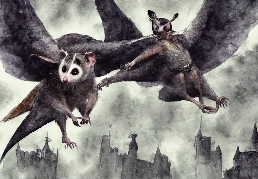 Image similar to Threatening winged possum flying over a medieval castle under a dark starred sky, dark fantasy, watercolor, dreaming illusion, highly detailed, 4k, trending on Artstation, award-winning