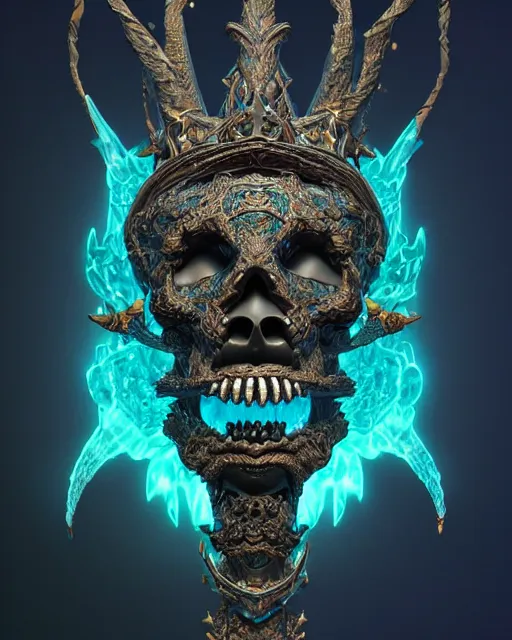 Image similar to 3 d ornate carved dark cosmic king with profile portrait, sigma 5 0 0 mm f / 5. beautiful intricate highly detailed quetzalcoatl skull. bioluminescent, plasma, lava, ice, water, wind, creature, thunderstorm! artwork by tooth wu and wlop and beeple and greg rutkowski, 8 k trending on artstation