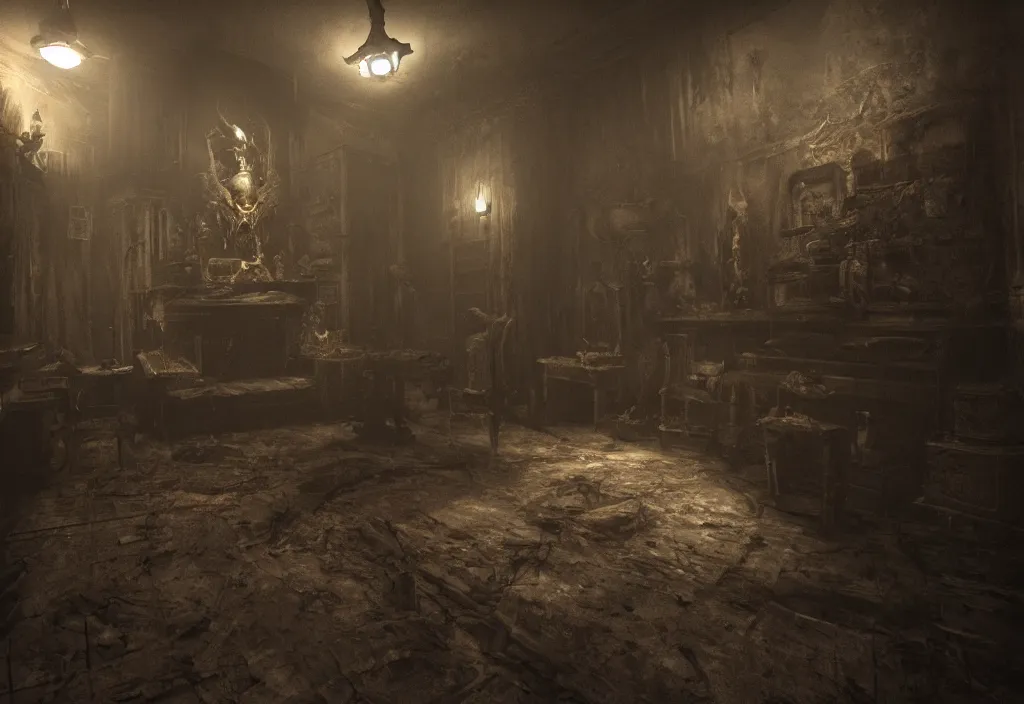 Prompt: eldritch demon ghosts in a room of a haunted house. realistic, cinematic lighting, octane tender, dark - art