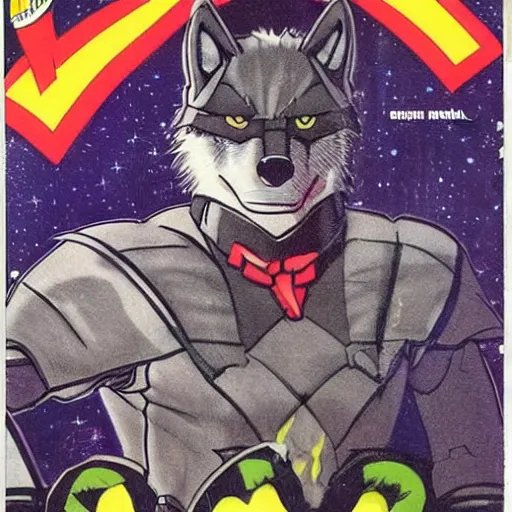 Image similar to 1 9 8 0 s comic book cover scan featuring a portrait of villain male wolf o'donnell anthropomorphic wolf furry fursona from starfox wearing a dark space mercenary uniform, dark grey wolf, handsome eyes, wolf o'donnell