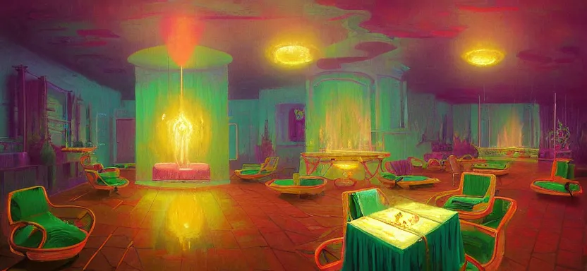 Prompt: beautiful masterpiece painting of a luxurious day spa in a future radioactive glowing swamp, cryogenic day spa treatment, grunge cyberpunk, by Remedios Varo and Anato Finnstark and Greg Rutkowski, dayglo pink, dayglo blue, by Craig Mullins, ilya kuvshinov, krenz cushart, artgerm, 8k, trending on ArtStation