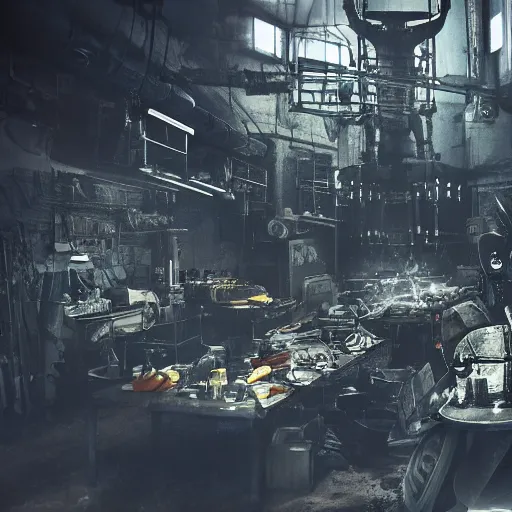 Image similar to cutlery mecha, dark messy smoke - filled cluttered workshop, dark, dramatic lighting, orange tint, cinematic, highly detailed, sci - fi, futuristic, movie still