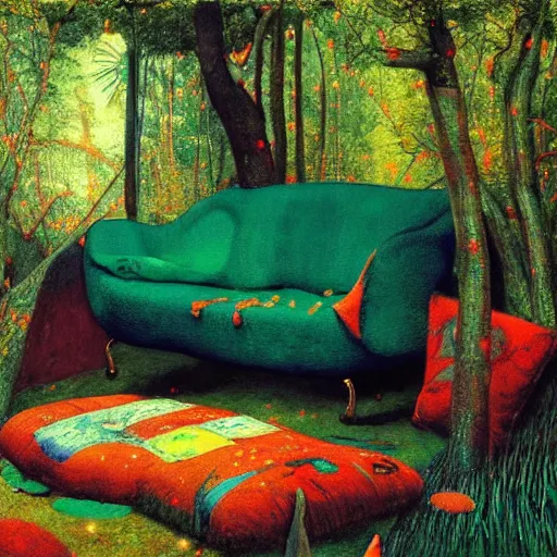 Image similar to psychedelic couch sofa in the lush forest, milky way, designed by arnold bocklin, jules bastien - lepage, tarsila do amaral, wayne barlowe and gustave baumann, cheval michael, trending on artstation, mediterranean, star, sharp focus, colorful refracted sparkles and lines, soft light, 8 k 4 k