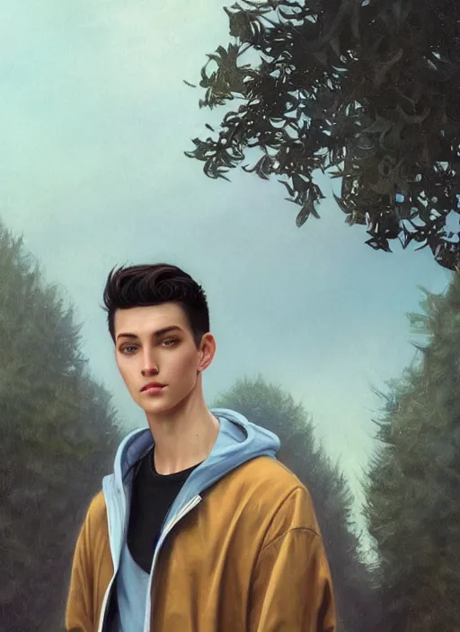 Image similar to handsome young man with short black hair, light blue eyes, pale skin, detailed neighbourhood background, houses, trees, road, magical atmosphere, tarot card, glowing, golden hour, wearing jeans and a black hoodie, realistic painting by ross tran and gerald brom and alphonse mucha, trending on artstation