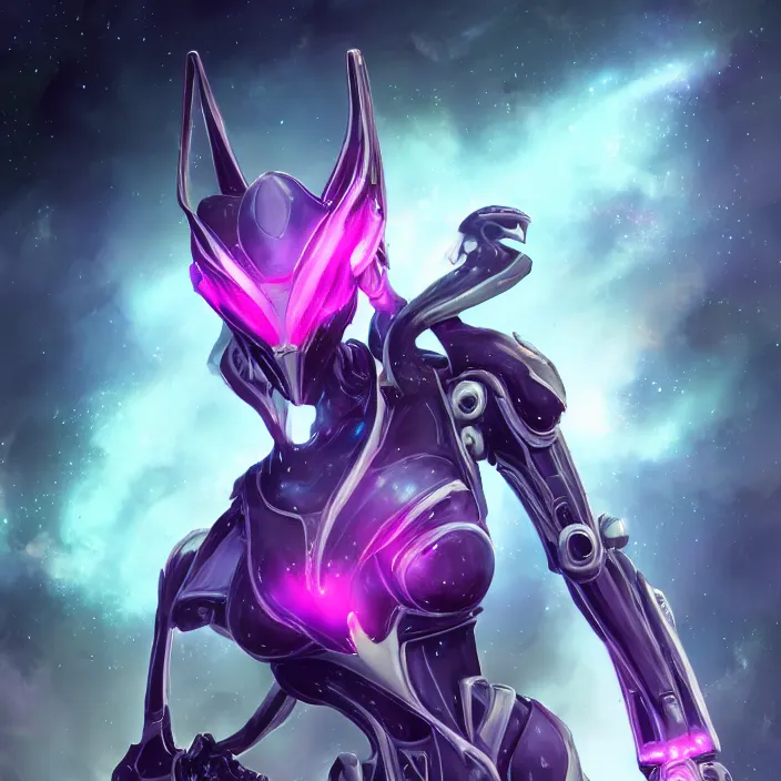 Image similar to cinematic shot, bust, cosmic sized perfectly proportioned stunning beautiful hot female warframe, anthropomorphic robot mecha female dragon, silver, fuschia leds, floating in empty space, nebula sized, holding a galaxy, epic proportions, epic size, epic scale, furry art, dragon art, giantess art, warframe fanart, furaffinity, deviantart