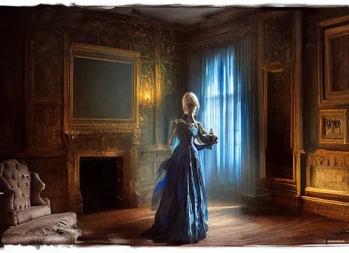 Prompt: gothic mansion room, woman in dress, wooden floor, elegant, digital artwork, paint, blue tones, detailed, by by jeremy mann, by alexander fedosav