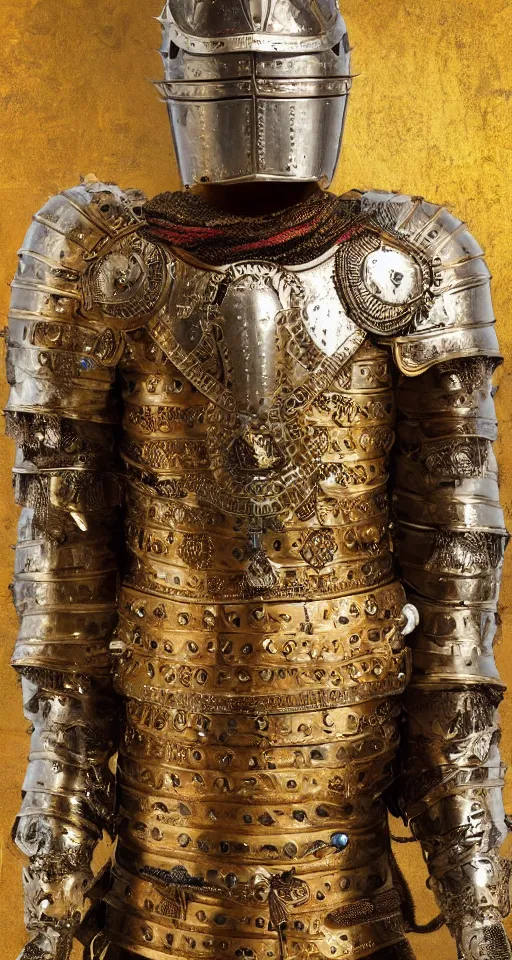 Image similar to Extremely high detail photo of a knight wearing an Inca themed full body armor, golden details revealing his Peruvian face, symmetric, long sword, kingdom, high detail painting, digital art, Trending on Artstation