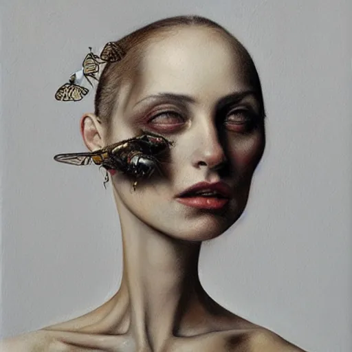 Image similar to a hyperrealistic painting of a beautiful woman with the head of a fly, by santiago caruso, highly detailed,