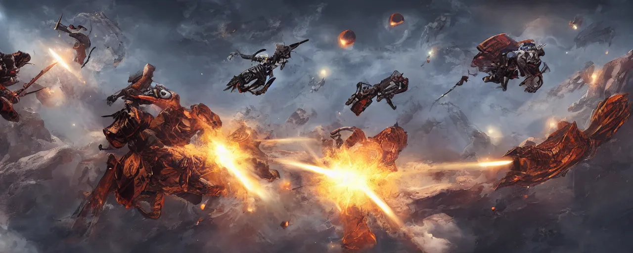 Image similar to fantasy epic monkey gunfight in space, concept art, 4 k