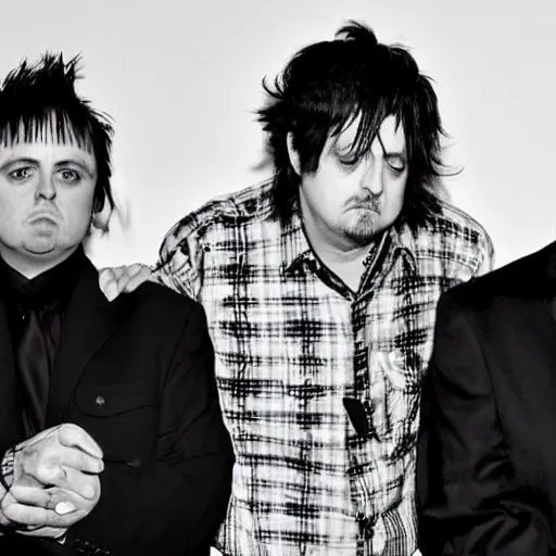 Prompt: billie joe on the stage looking bored and irritated. kid rock is in the middle with wendy.